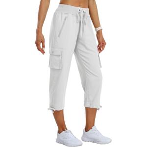 MoFiz Women’s Cargo Capris Pants Loose Fit Casual Hiking Pants Lightweight Quick Dry Travel Summer Pants for Women(White)