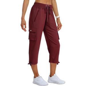 MoFiz Women’s Cargo Capris Pants Loose Fit Casual Hiking Pants Lightweight Quick Dry Travel Summer Pants for Women(Wine Red)