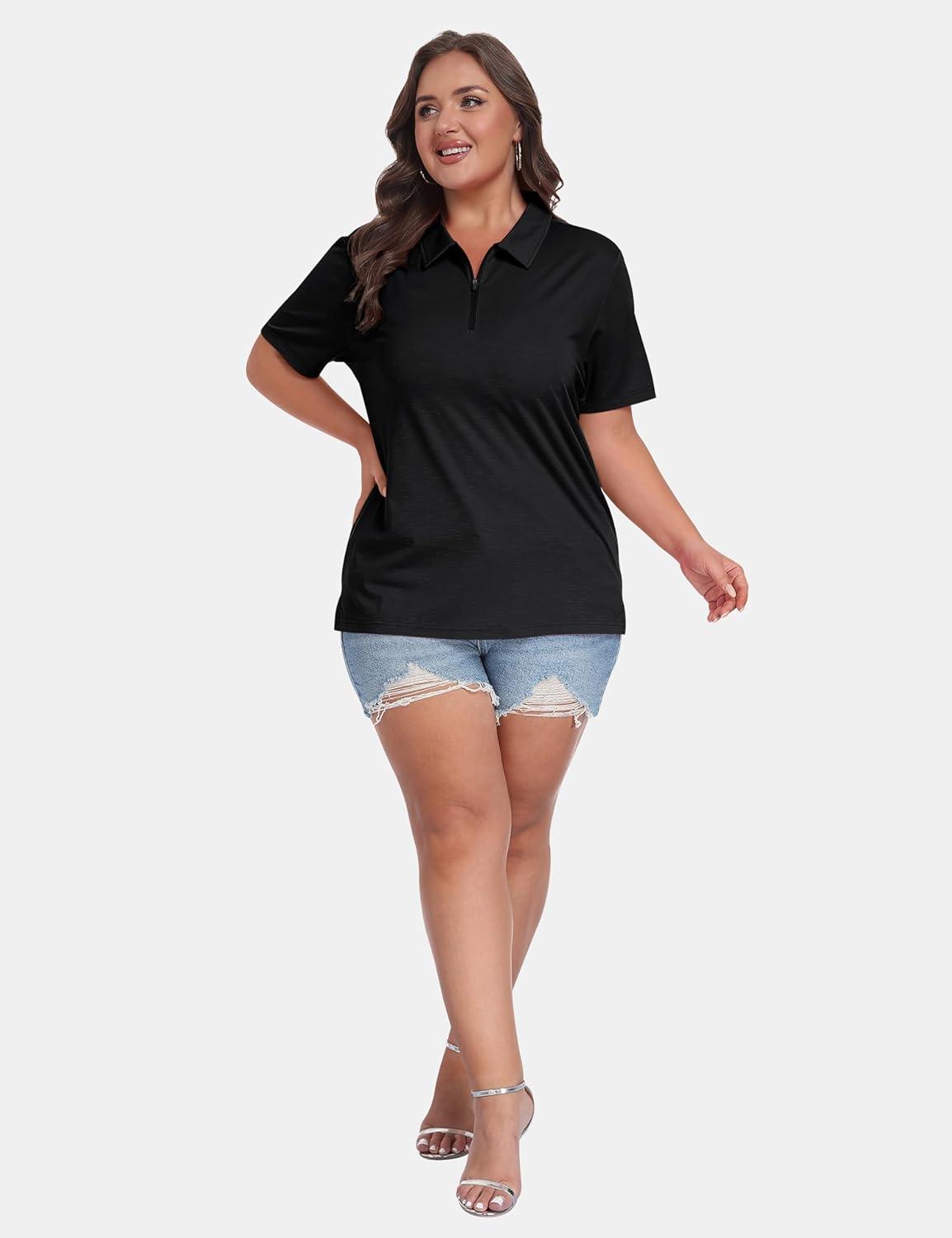 image:imageMoFiz Plus Size Zipper Up Golf Polo Shirts for Women Short Sleeve Collared Tennis Workout Tops Casual Activewear XL5XLBlack