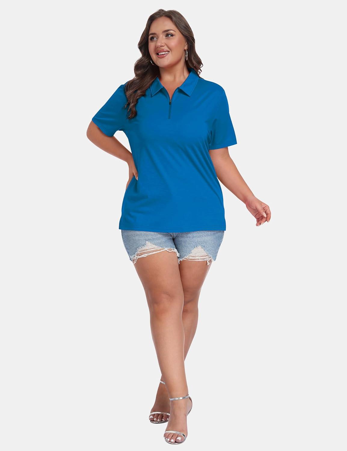 image:imageMoFiz Plus Size Zipper Up Golf Polo Shirts for Women Short Sleeve Collared Tennis Workout Tops Casual Activewear XL5XLBlue