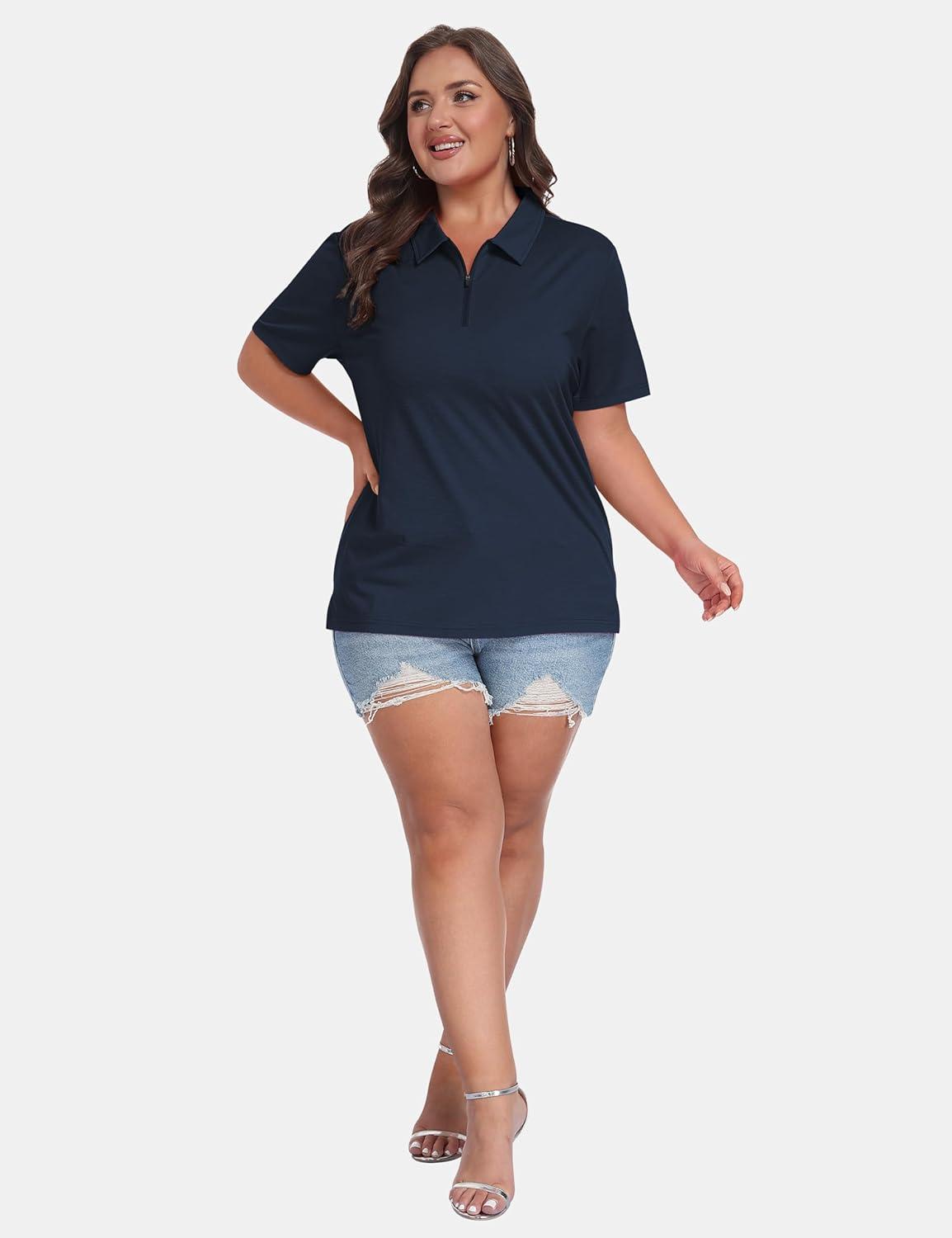 image:imageMoFiz Plus Size Zipper Up Golf Polo Shirts for Women Short Sleeve Collared Tennis Workout Tops Casual Activewear XL5XLNavy Blue