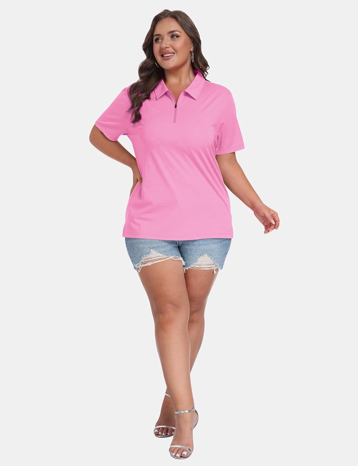 image:imageMoFiz Plus Size Zipper Up Golf Polo Shirts for Women Short Sleeve Collared Tennis Workout Tops Casual Activewear XL5XLPink