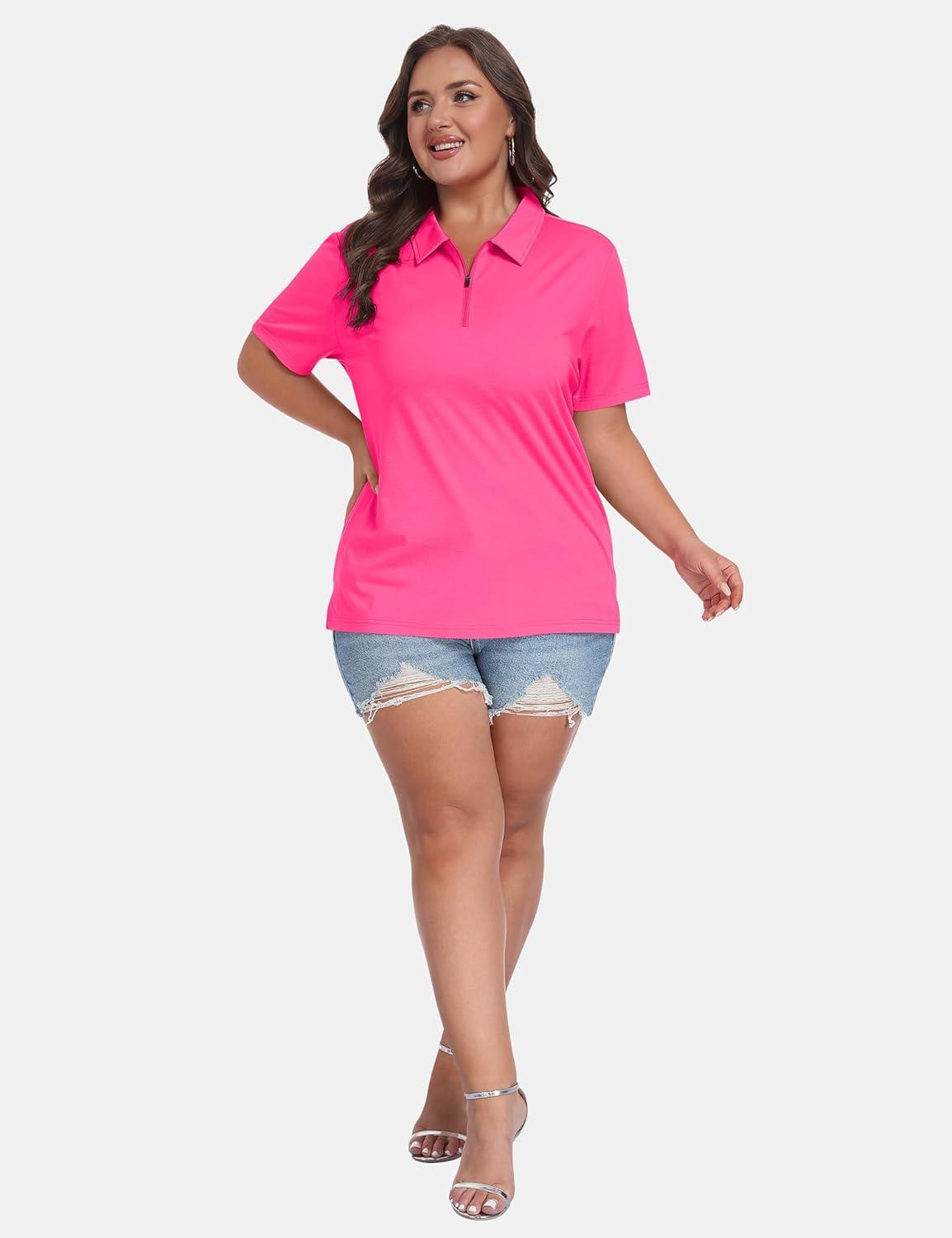 image:imageMoFiz Plus Size Zipper Up Golf Polo Shirts for Women Short Sleeve Collared Tennis Workout Tops Casual Activewear XL5XLRose Red