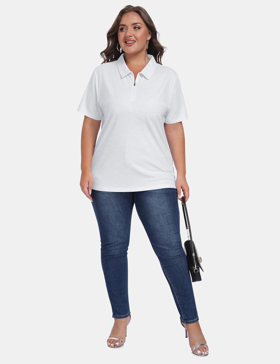 image:imageMoFiz Plus Size Zipper Up Golf Polo Shirts for Women Short Sleeve Collared Tennis Workout Tops Casual Activewear XL5XLWhite
