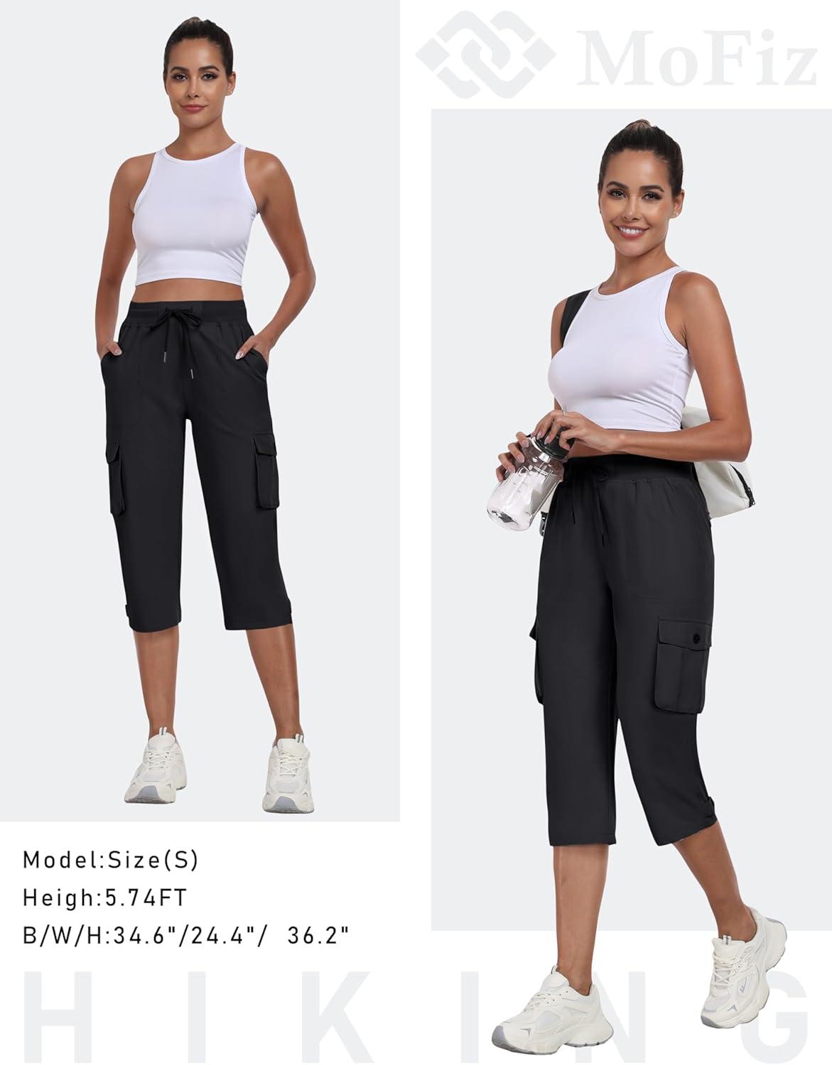 image:imageMoFiz Womens Cargo Capris Pants with Pockets Lightweight Quick Dry Travel Hiking Summer Pants for WomenBlack