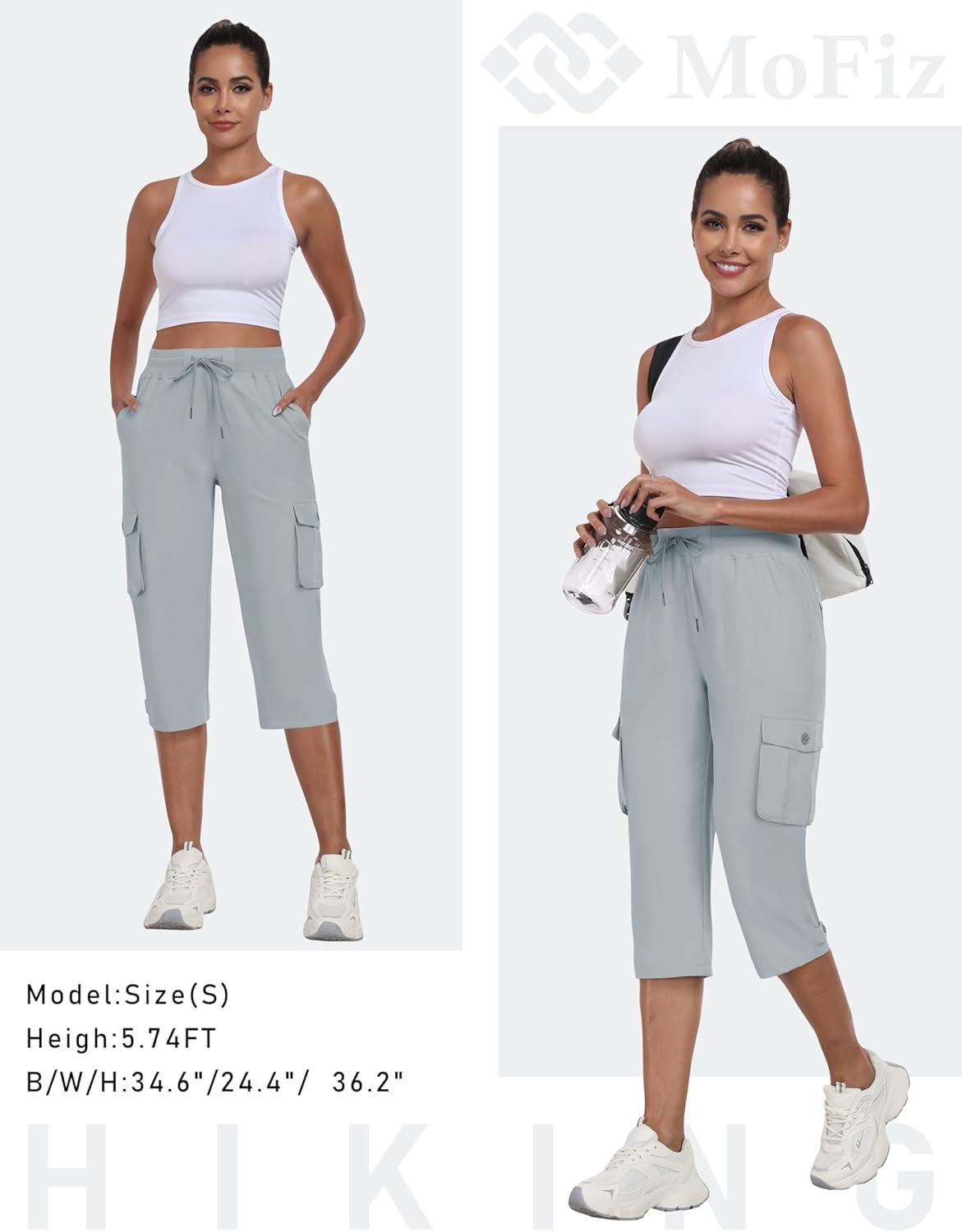 image:imageMoFiz Womens Cargo Capris Pants with Pockets Lightweight Quick Dry Travel Hiking Summer Pants for WomenGray