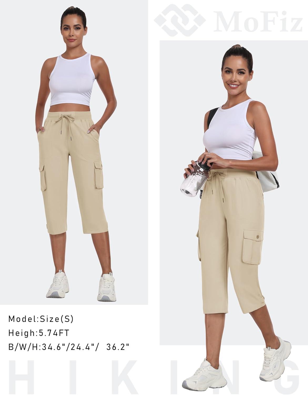 image:imageMoFiz Womens Cargo Capris Pants with Pockets Lightweight Quick Dry Travel Hiking Summer Pants for WomenKhaki