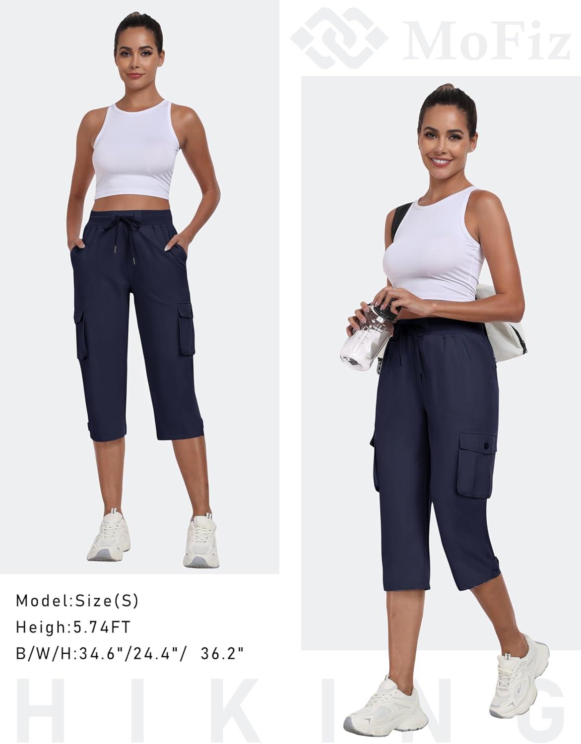 image:imageMoFiz Womens Cargo Capris Pants with Pockets Lightweight Quick Dry Travel Hiking Summer Pants for WomenNavy