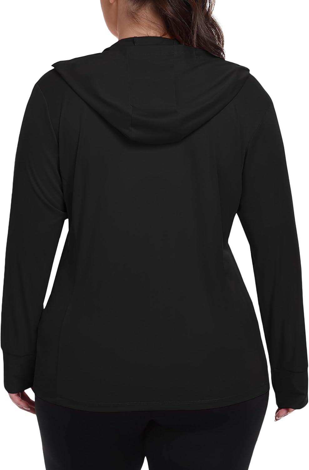 image:imageMoFiz Womens Plus Size Sun Protection Jackets Full Zip Lightweight Workout Hiking Athletic Running Hoodies with Thumb HoleBlack