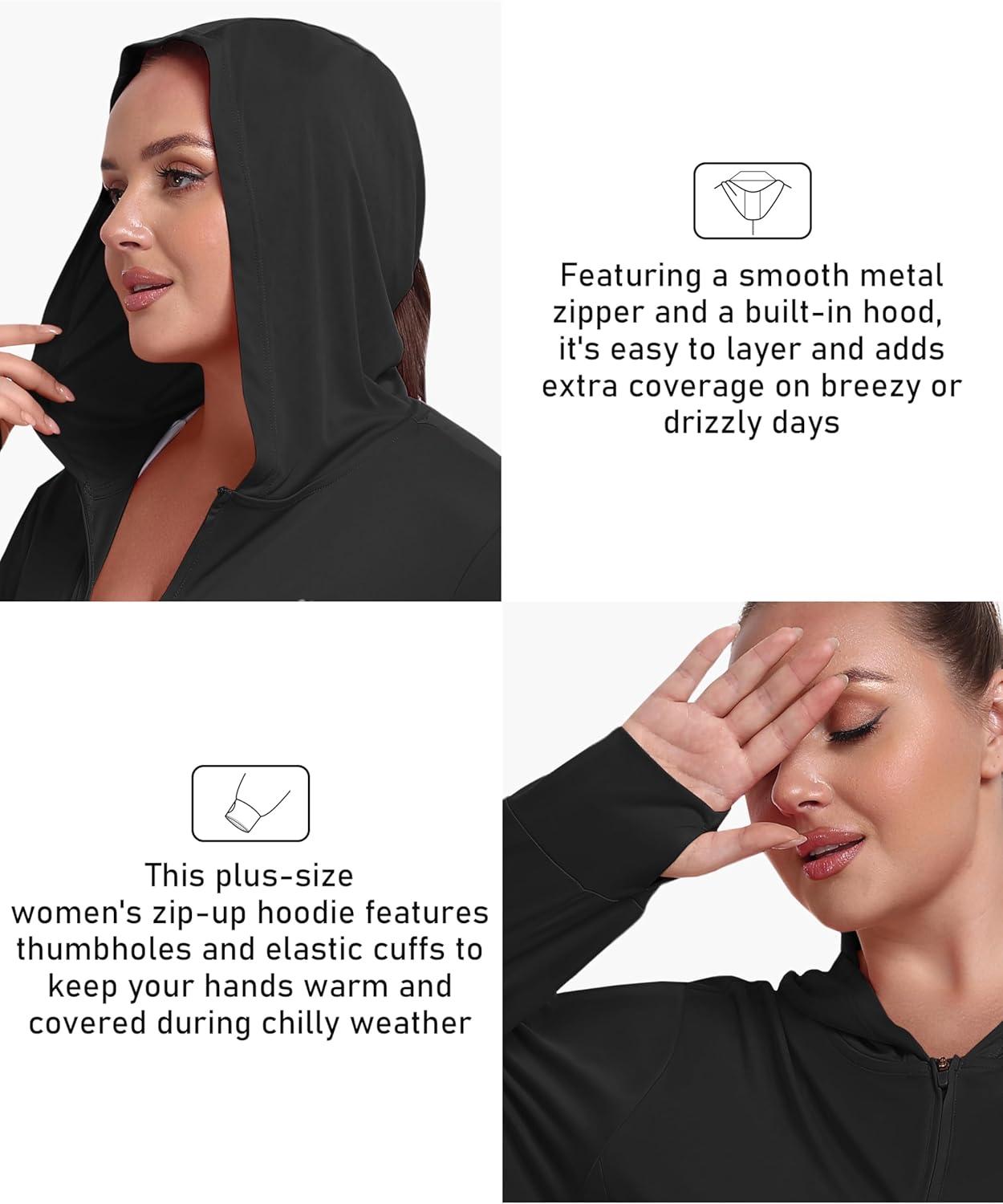 image:imageMoFiz Womens Plus Size Sun Protection Jackets Full Zip Lightweight Workout Hiking Athletic Running Hoodies with Thumb HoleBlack