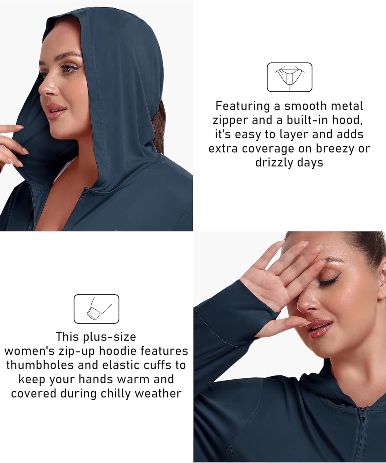 image:imageMoFiz Womens Plus Size Sun Protection Jackets Full Zip Lightweight Workout Hiking Athletic Running Hoodies with Thumb HoleNavy