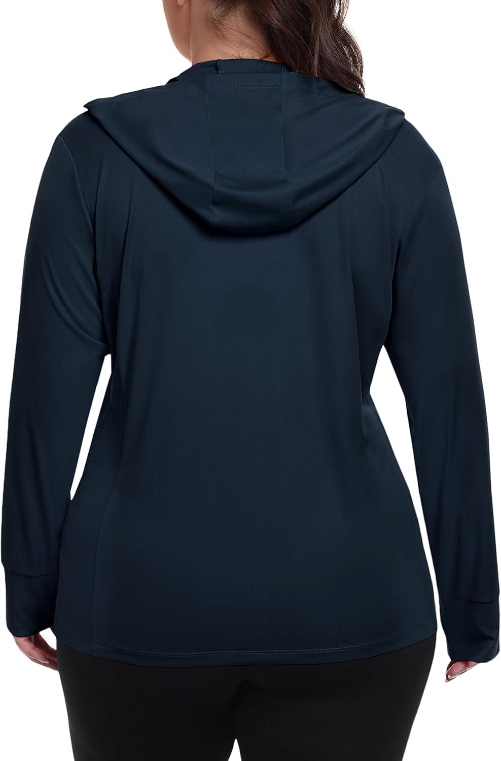 image:imageMoFiz Womens Plus Size Sun Protection Jackets Full Zip Lightweight Workout Hiking Athletic Running Hoodies with Thumb HoleNavy
