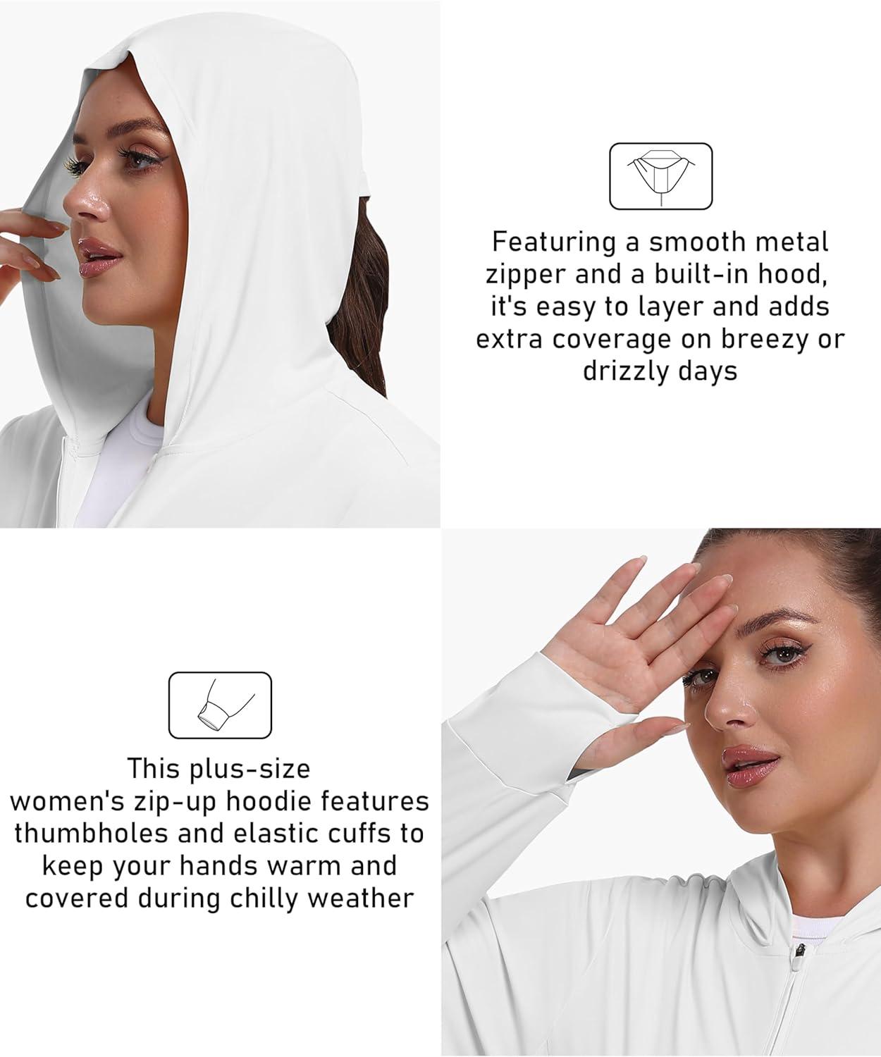image:imageMoFiz Womens Plus Size Sun Protection Jackets Full Zip Lightweight Workout Hiking Athletic Running Hoodies with Thumb HoleWhite