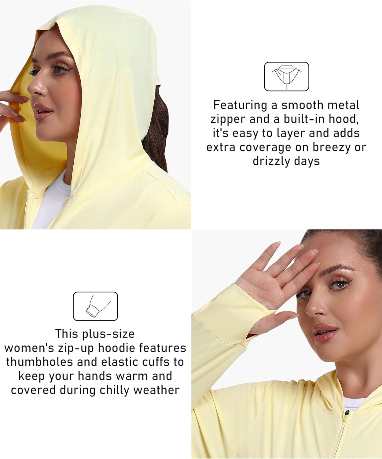 image:imageMoFiz Womens Plus Size Sun Protection Jackets Full Zip Lightweight Workout Hiking Athletic Running Hoodies with Thumb HoleYellow