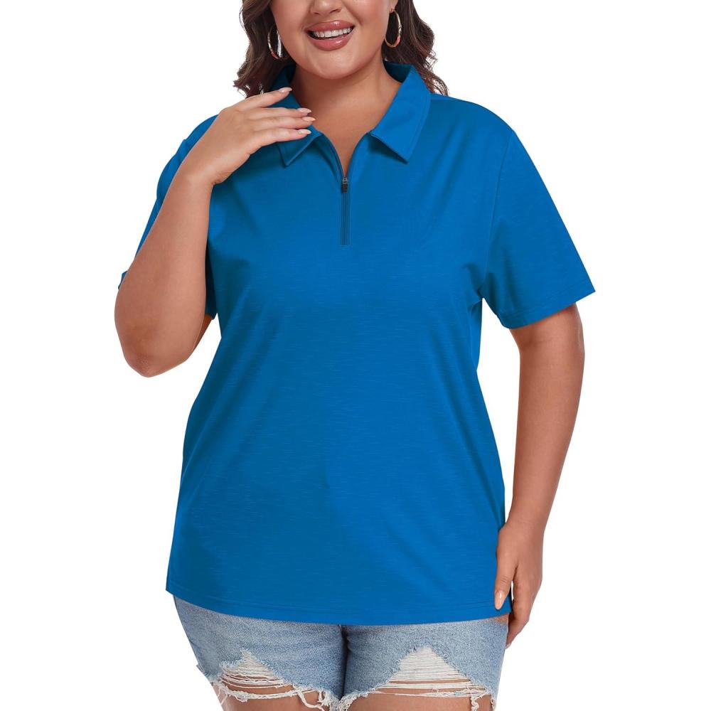 image:imageMoFiz Plus Size Zipper Up Golf Polo Shirts for Women Short Sleeve Collared Tennis Workout Tops Casual Activewear XL5XLBlue