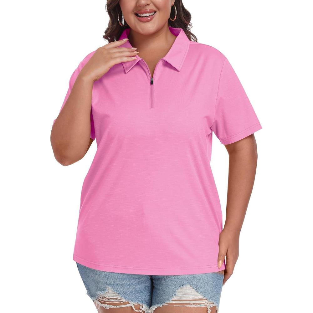 image:imageMoFiz Plus Size Zipper Up Golf Polo Shirts for Women Short Sleeve Collared Tennis Workout Tops Casual Activewear XL5XLPink