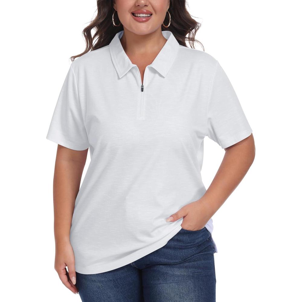 image:imageMoFiz Plus Size Zipper Up Golf Polo Shirts for Women Short Sleeve Collared Tennis Workout Tops Casual Activewear XL5XLWhite