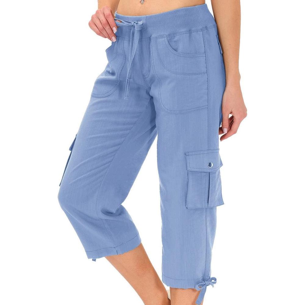 image:imageMoFiz Womens Capris with Pockets Loose Fit Casual Capri Pants Dressy Lightweight Ladies Baggy Cargo Pants for HikingBlue 1