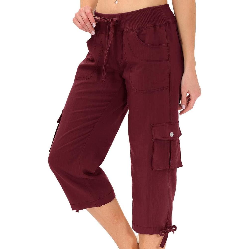 image:imageMoFiz Womens Capris with Pockets Loose Fit Casual Capri Pants Dressy Lightweight Ladies Baggy Cargo Pants for HikingBurgundy Red