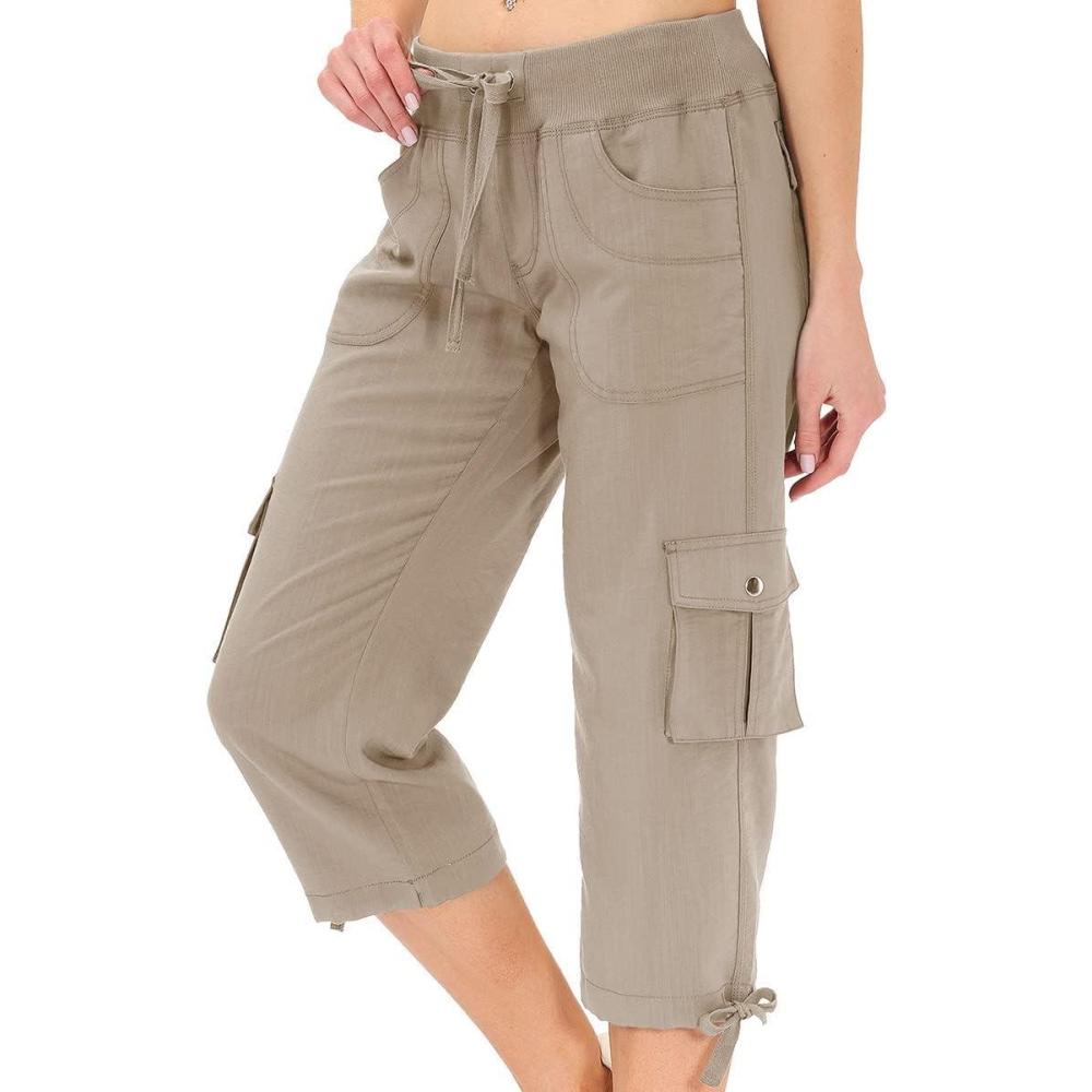 image:imageMoFiz Womens Capris with Pockets Loose Fit Casual Capri Pants Dressy Lightweight Ladies Baggy Cargo Pants for HikingKhaki
