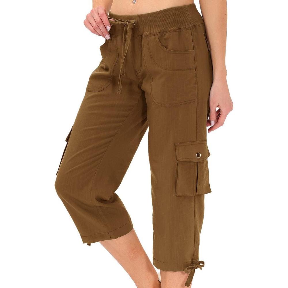 image:imageMoFiz Womens Capris with Pockets Loose Fit Casual Capri Pants Dressy Lightweight Ladies Baggy Cargo Pants for HikingYellow 1