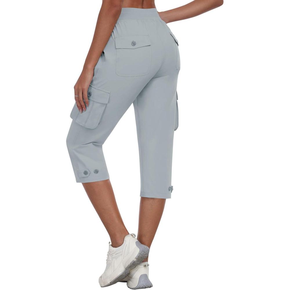 image:imageMoFiz Womens Cargo Capris Pants with Pockets Lightweight Quick Dry Travel Hiking Summer Pants for WomenGray