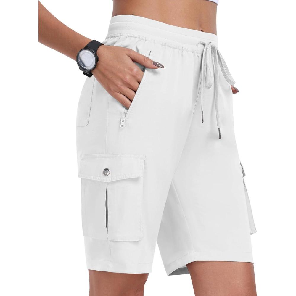 image:imageMoFiz Womens Cargo Shorts Quick Dry Athletic Shorts Lightweight Running Summer Hiking Shorts with PocketsWhite