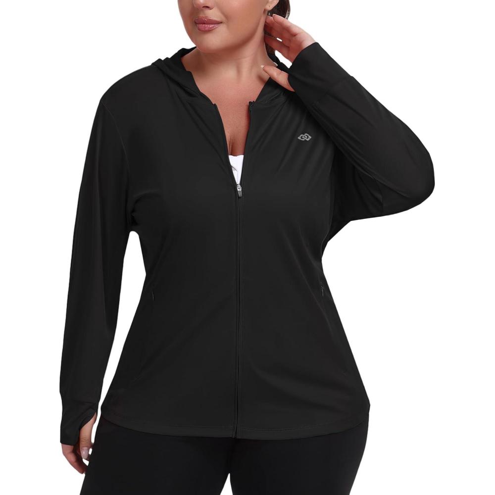 image:imageMoFiz Womens Plus Size Sun Protection Jackets Full Zip Lightweight Workout Hiking Athletic Running Hoodies with Thumb HoleBlack