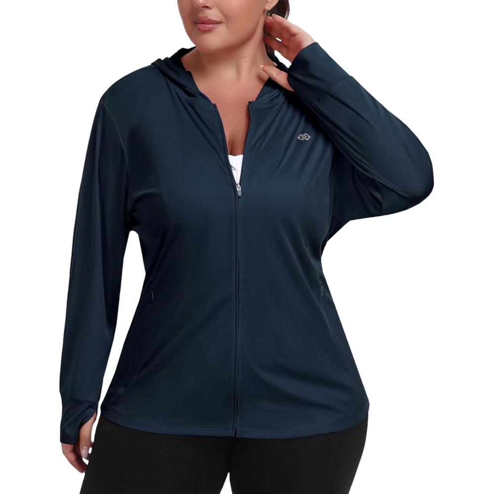 image:imageMoFiz Womens Plus Size Sun Protection Jackets Full Zip Lightweight Workout Hiking Athletic Running Hoodies with Thumb HoleNavy
