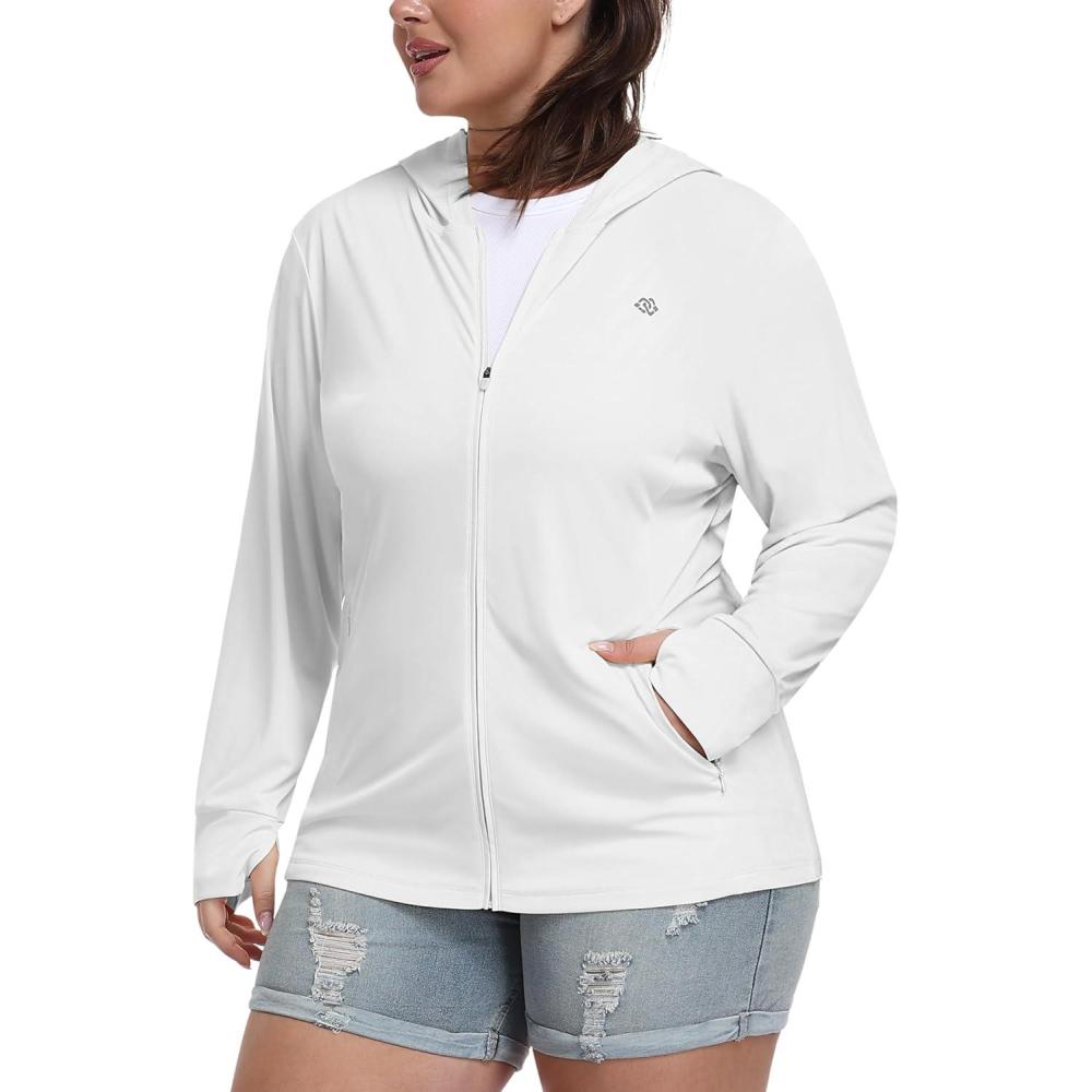 image:imageMoFiz Womens Plus Size Sun Protection Jackets Full Zip Lightweight Workout Hiking Athletic Running Hoodies with Thumb HoleWhite