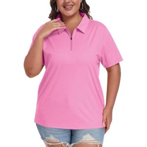 MoFiz Plus Size Zipper Up Golf Polo Shirts for Women Short Sleeve Collared Tennis Workout Tops Casual Activewear XL-5XL(Pink)