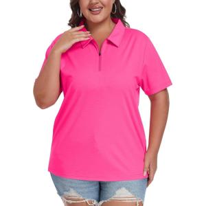MoFiz Plus Size Zipper Up Golf Polo Shirts for Women Short Sleeve Collared Tennis Workout Tops Casual Activewear XL-5XL(Rose Red)