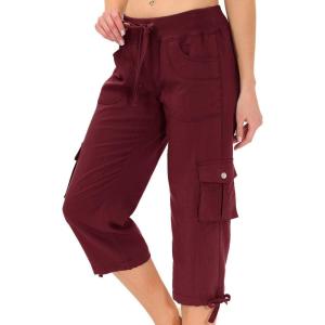 MoFiz Womens Capris with Pockets Loose Fit Casual Capri Pants Dressy Lightweight Ladies Baggy Cargo Pants for Hiking(Burgundy Red)