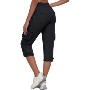 MoFiz Women’s Cargo Capris Pants with Pockets Lightweight Quick Dry Travel Hiking Summer Pants for Women(Black)