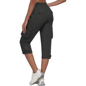 MoFiz Women’s Cargo Capris Pants with Pockets Lightweight Quick Dry Travel Hiking Summer Pants for Women(Dark Gray)