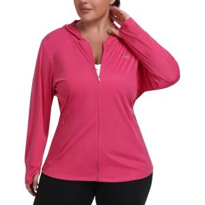 MoFiz Womens Plus Size Sun Protection Jackets Full Zip Lightweight Workout Hiking Athletic Running Hoodies with Thumb Hole(Hot Pink)