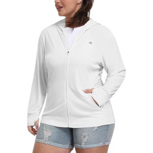 MoFiz Womens Plus Size Sun Protection Jackets Full Zip Lightweight Workout Hiking Athletic Running Hoodies with Thumb Hole(White)