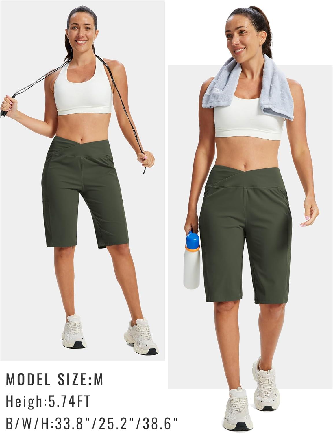image:imageMoFiz Womens Bermuda Long Shorts 12 High Waisted Knee Length Shorts for Women Summer Athletic Running ShortsArmy Green