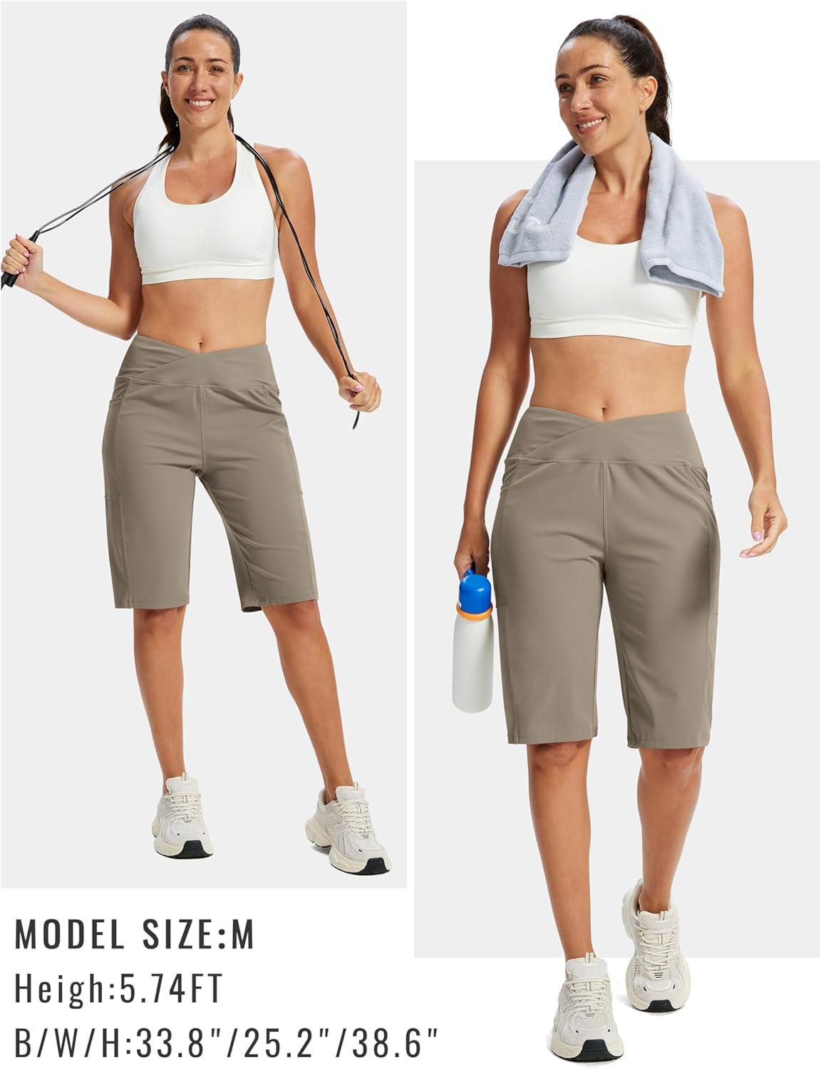 image:imageMoFiz Womens Bermuda Long Shorts 12 High Waisted Knee Length Shorts for Women Summer Athletic Running ShortsDark Khaki