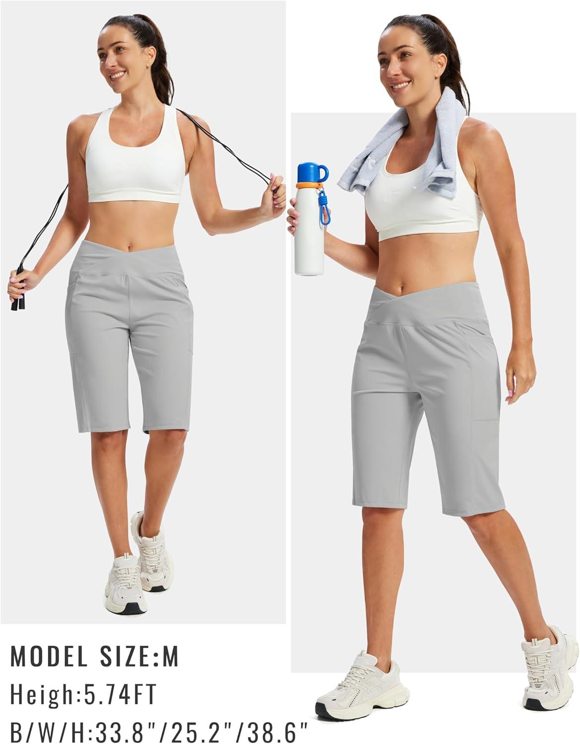 image:imageMoFiz Womens Bermuda Long Shorts 12 High Waisted Knee Length Shorts for Women Summer Athletic Running ShortsLight Gray