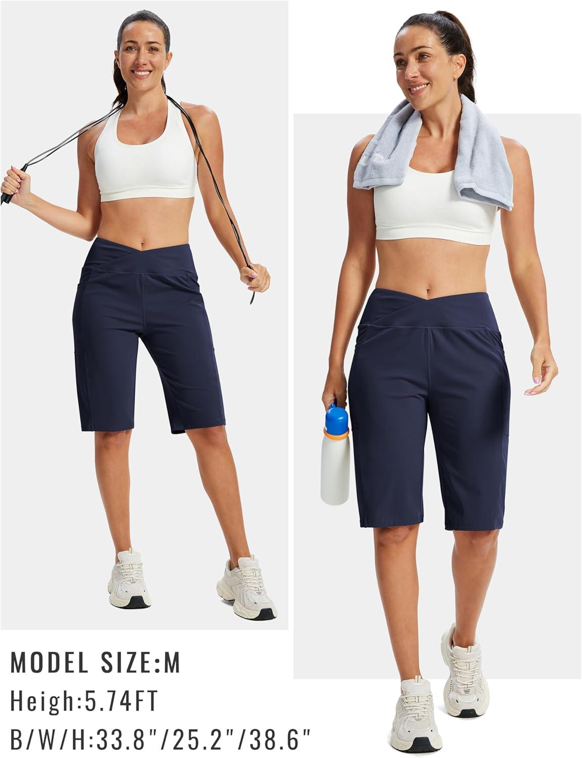 image:imageMoFiz Womens Bermuda Long Shorts 12 High Waisted Knee Length Shorts for Women Summer Athletic Running ShortsNavy