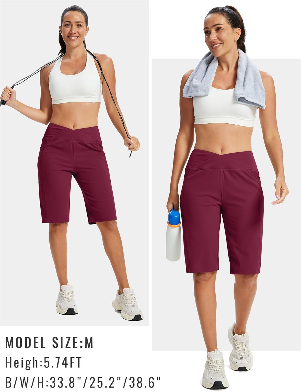 image:imageMoFiz Womens Bermuda Long Shorts 12 High Waisted Knee Length Shorts for Women Summer Athletic Running ShortsWine Red