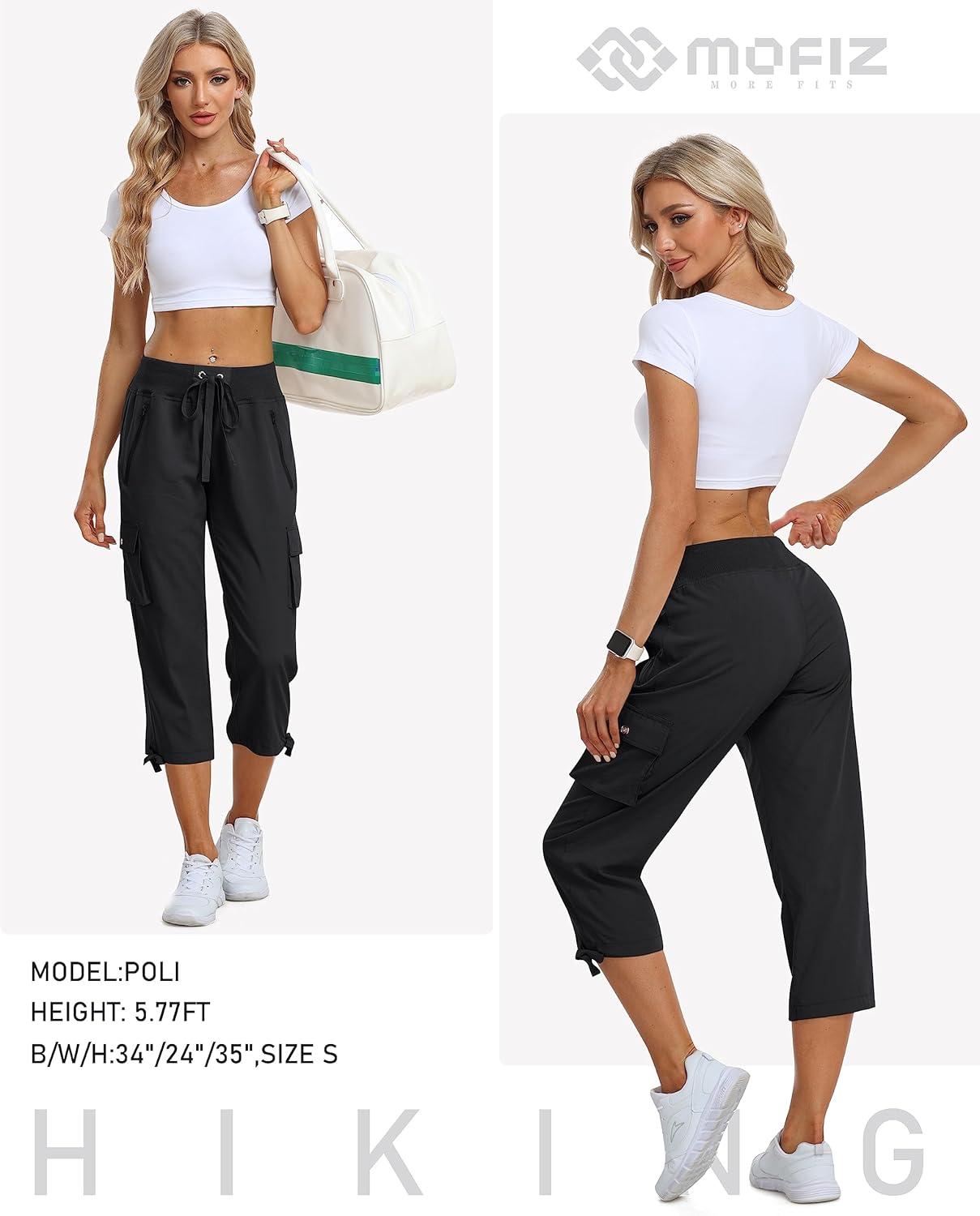 image:imageMoFiz Womens Cargo Capris Hiking Pants Lightweight Quick Dry Outdoor Athletic Travel Casual Loose Comfy Cute Zipper PocketsC01black