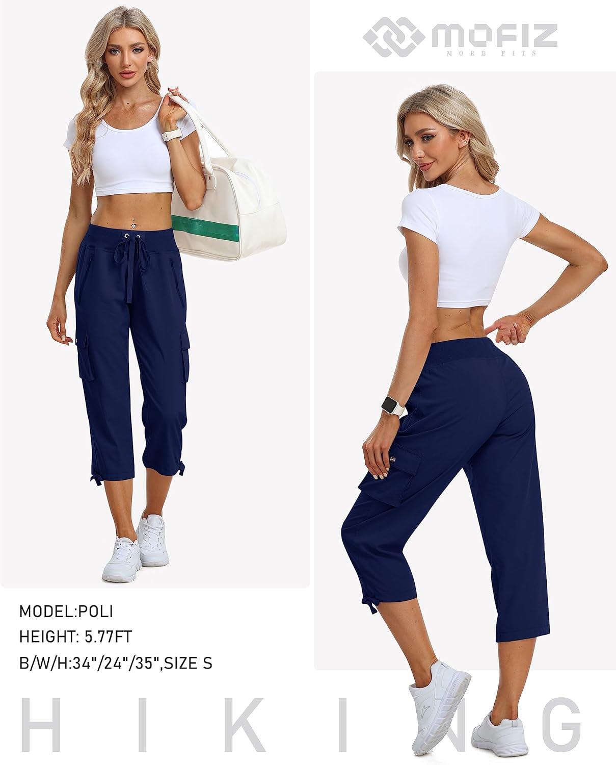 image:imageMoFiz Womens Cargo Capris Hiking Pants Lightweight Quick Dry Outdoor Athletic Travel Casual Loose Comfy Cute Zipper PocketsC03navy