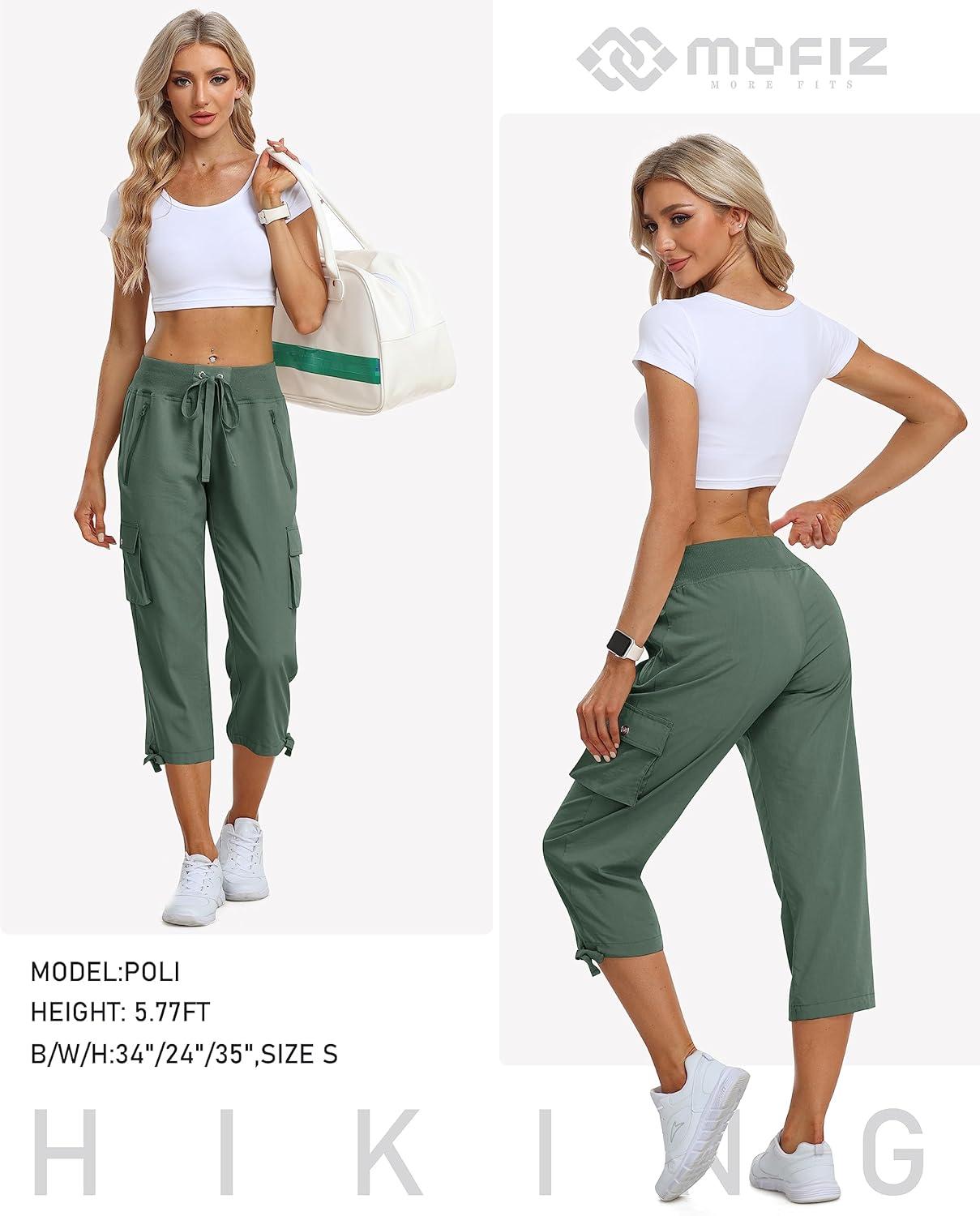 image:imageMoFiz Womens Cargo Capris Hiking Pants Lightweight Quick Dry Outdoor Athletic Travel Casual Loose Comfy Cute Zipper PocketsC04army Green