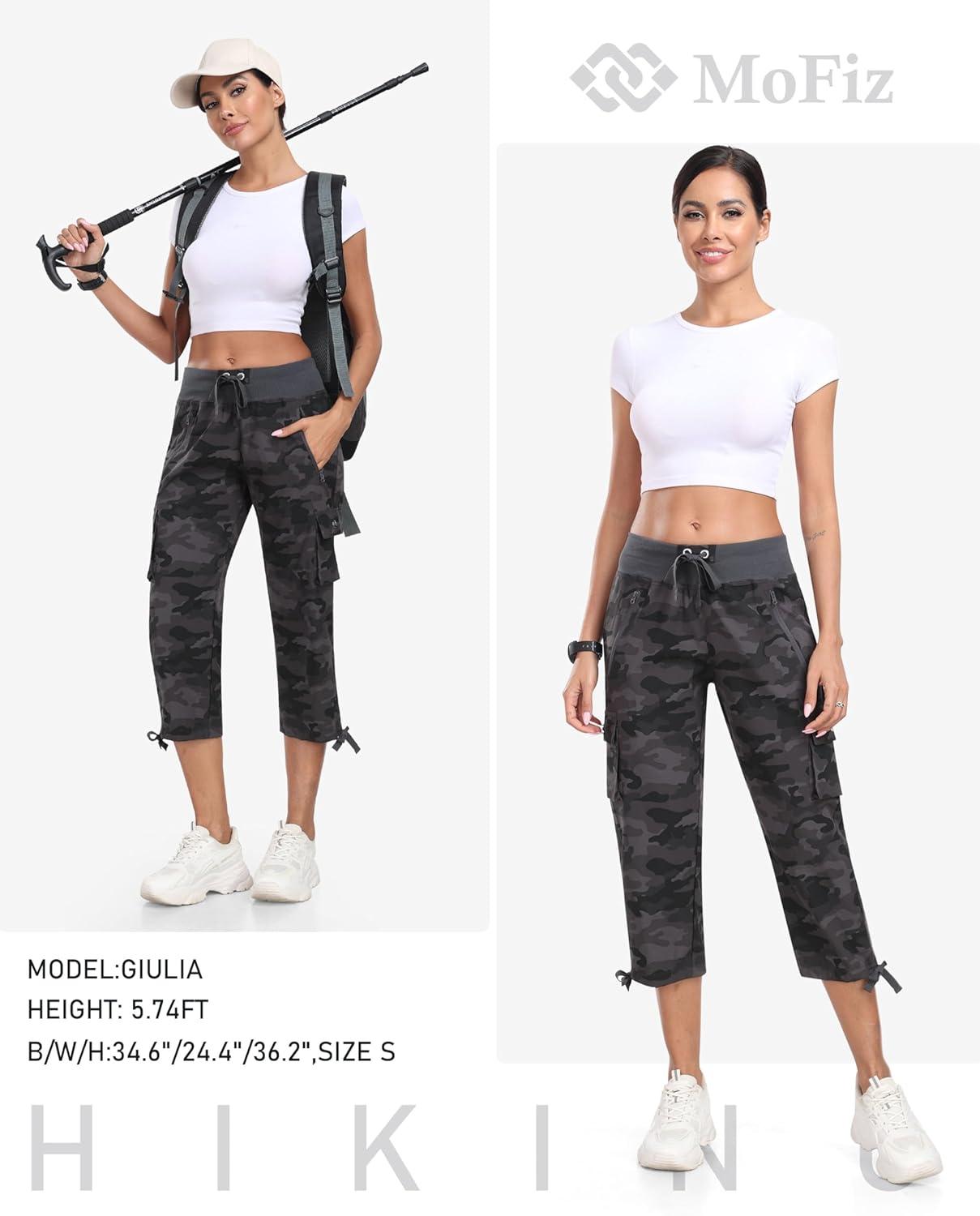 image:imageMoFiz Womens Cargo Capris Hiking Pants Lightweight Quick Dry Outdoor Athletic Travel Casual Loose Comfy Cute Zipper PocketsC05camouflage Gray