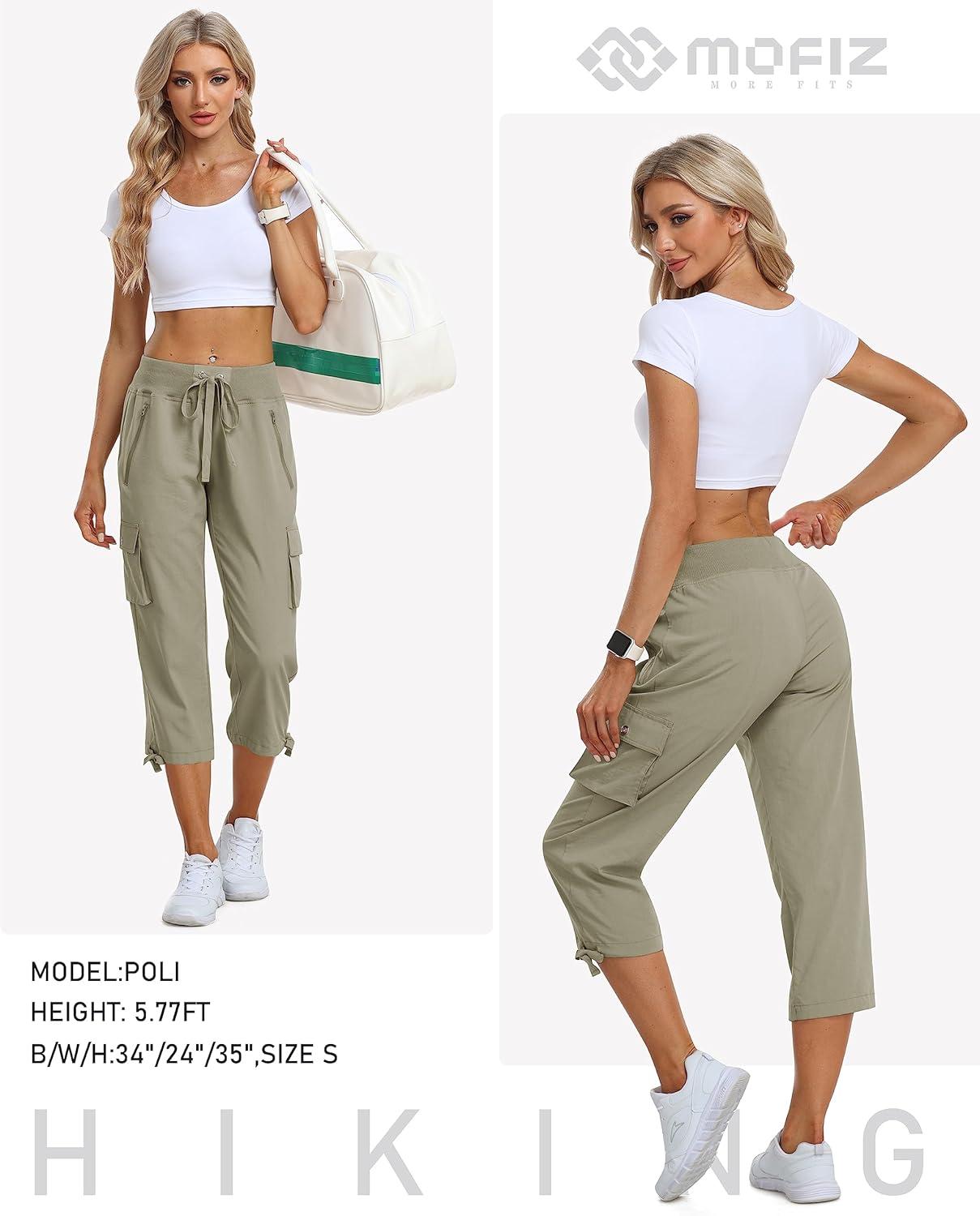 image:imageMoFiz Womens Cargo Capris Hiking Pants Lightweight Quick Dry Outdoor Athletic Travel Casual Loose Comfy Cute Zipper PocketsC05grey Khaki