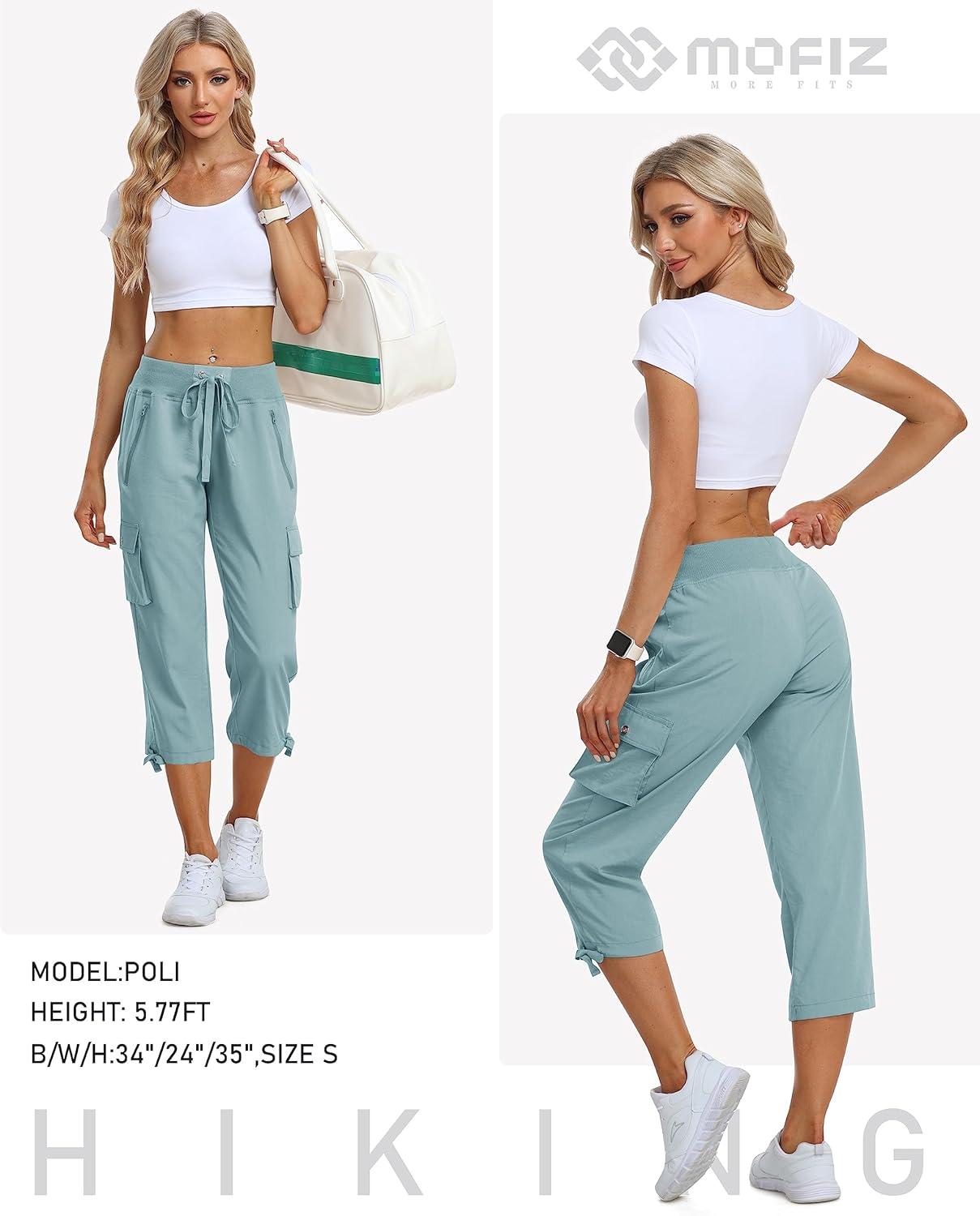 image:imageMoFiz Womens Cargo Capris Hiking Pants Lightweight Quick Dry Outdoor Athletic Travel Casual Loose Comfy Cute Zipper PocketsC06dusty Blue