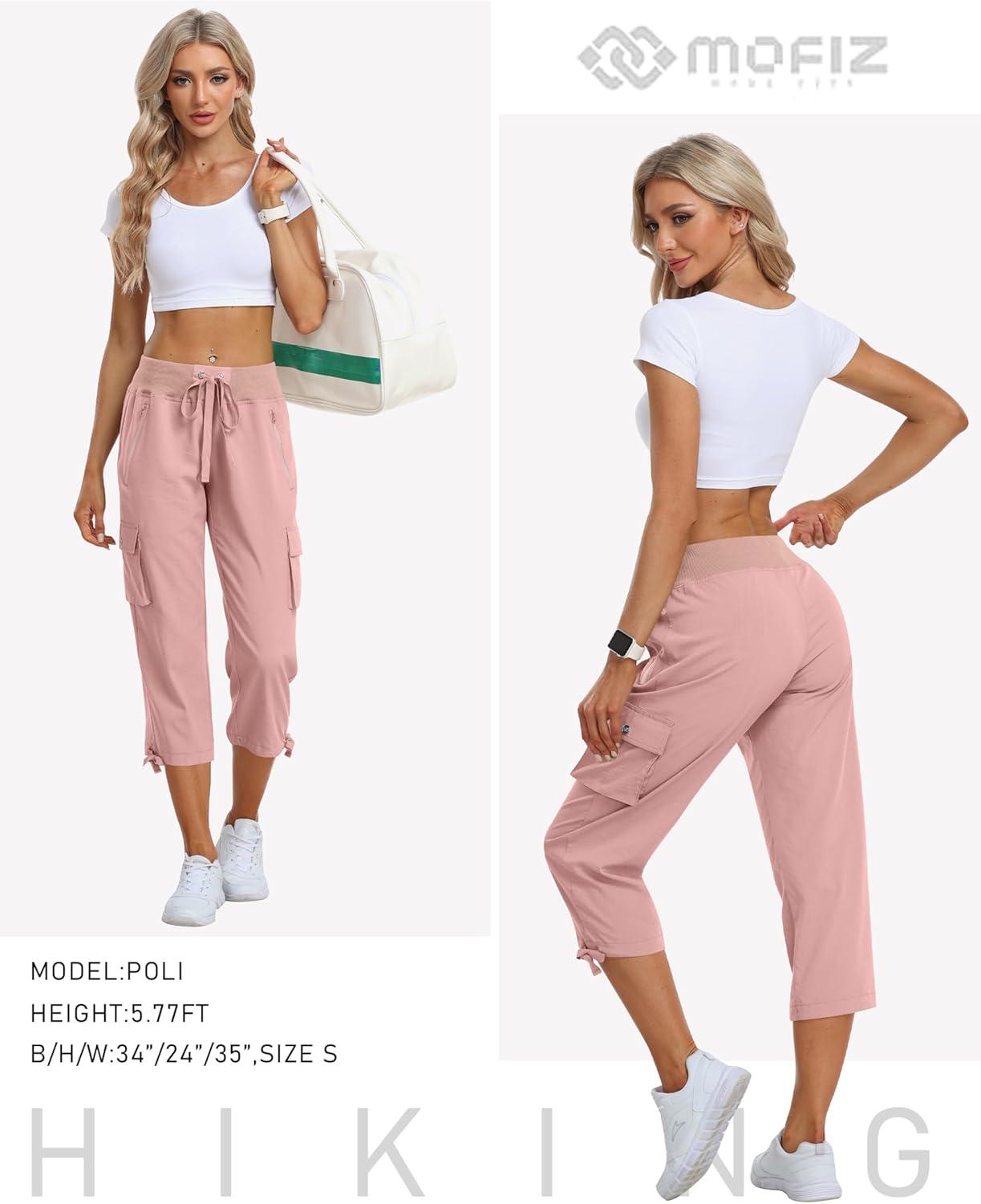 image:imageMoFiz Womens Cargo Capris Hiking Pants Lightweight Quick Dry Outdoor Athletic Travel Casual Loose Comfy Cute Zipper PocketsC09dusty Pink Khaki