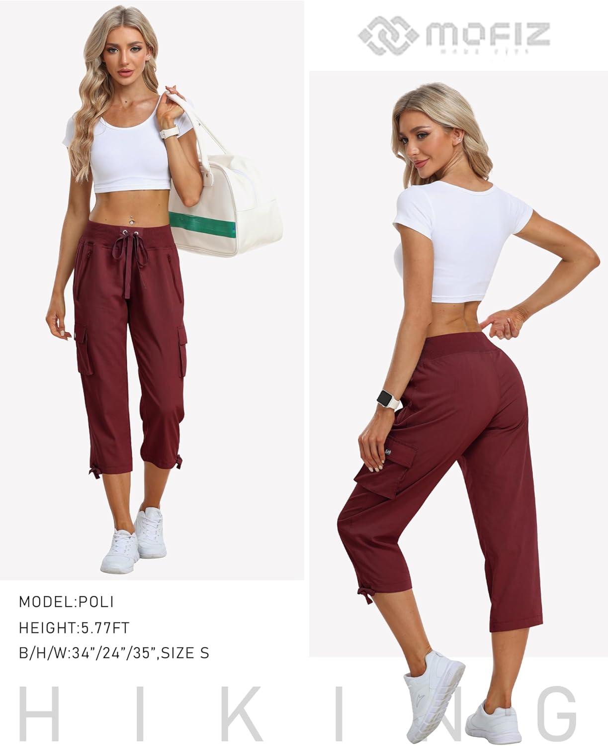 image:imageMoFiz Womens Cargo Capris Hiking Pants Lightweight Quick Dry Outdoor Athletic Travel Casual Loose Comfy Cute Zipper PocketsC10wine Red Khaki